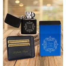 BK Gift Kişiye Özel Isimli Kartlık Mavi Metal Sigara Tabakası Benzinli Çakmak Seti - 1