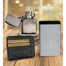 BK Gift Kişiye Özel Isimli Kartlık Gri Metal Sigara Tabakası Benzinli Çakmak Seti - 4