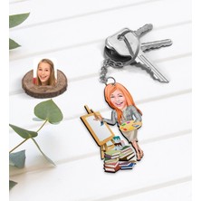 BK Gift Kişiye Özel Kadın Resim Öğretmeni Karikatürlü Ahşap Anahtarlık-1