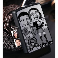 BK Gift Kişiye Özel Sevgililer Karikatürlü Benzinli Siyah Metal Çakmak - 1
