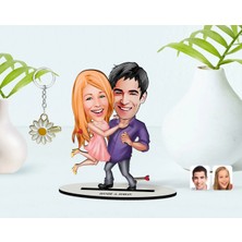 BK Gift Kişiye Özel Sevgililer Karikatürlü 3D Ahşap Biblo ve Isimli Gold Papatya Anahtarlık-3