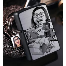 BK Gift Kişiye Özel Bayan Bankacı Karikatürlü Benzinli Siyah Metal Çakmak - 1