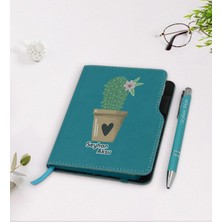 BK Gift Kişiye Özel Kaktüs Tasarımlı Turkuaz Termo Deri Defter Kalem Seti-6