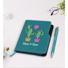 BK Gift Kişiye Özel Kaktüs Tasarımlı Turkuaz Termo Deri Defter Kalem Seti-12