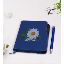 BK Gift Kişiye Özel Papatya Temalı Lacivert Termo Deri Defter Kalem Seti-4