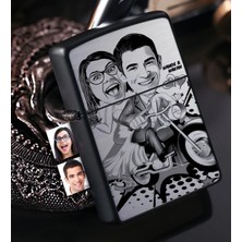 BK Gift Kişiye Özel Gelin Damat Karikatürlü Benzinli Siyah Metal Çakmak - 8