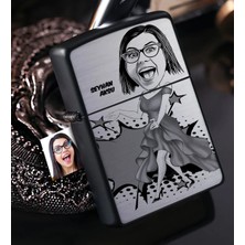 BK Gift Kişiye Özel Bayan Model Karikatürlü Benzinli Siyah Metal Çakmak - 1