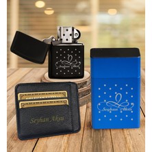 BK Gift Kişiye Özel Isimli Kartlık Mavi Metal Sigara Tabakası Benzinli Çakmak Seti - 4