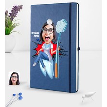 BK Gift Kişiye Özel Kadın Diş Hekimi Karikatürlü Lacivert Termo Deri Defter 16X24CM Model 3