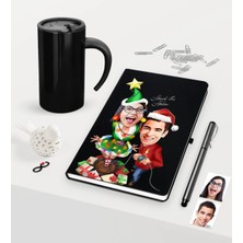 BK Gift Kişiye Özel Yılbaşı Sevgililer Karikatürlü Siyah Defter Kalem Termos Mug Seti - 1