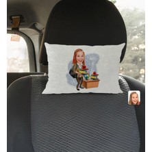 BK Gift Kişiye Özel Kadın Öğretmen Karikatürlü Dikdörtgen Araç Koltuk Yastığı-4