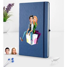BK Gift Kişiye Özel Sevgililer Karikatürlü Karikatürlü Lacivert Termo Deri Defter 16X24CM Model 35
