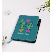 BK Gift Kişiye Özel Kaktüs Tasarımlı Turkuaz Termo Deri Defter-12