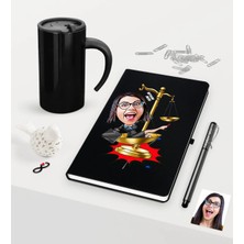 BK Gift Kişiye Özel Bayan Avukat Karikatürlü Siyah Defter Kalem ve Termos Mug Seti  - 4