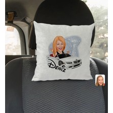 BK Gift Kişiye Özel Isimli Kadın Patron Karikatürlü Kare Araç Koltuk Yastığı-3