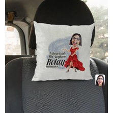 BK Gift Kişiye Özel Isimli Kadın Nihayetinde Karikatürlü Kare Araç Koltuk Yastığı-1