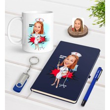 BK Gift Kişiye Özel Hemşire Karikatürlü Lacivert Defter Kalem Kupa 32GB USB Bellek Hediye Seti-2