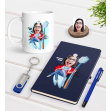 BK Gift Kişiye Özel Kadın Diş Hekimi Karikatürlü Lacivert Defter Kalem Kupa 32GB USB Bellek Hediye Seti-4