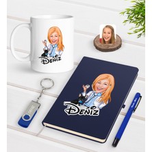 BK Gift Kişiye Özel Kadın Veteriner Hekim Karikatürlü Lacivert Defter Kalem Kupa 32GB USB Bellek Hediye Seti-1