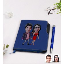 BK Gift Kişiye Özel Sevgililer Karikatürlü Lacivert Termo Deri Defter Kalem Seti-4