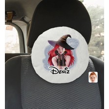 BK Gift Kişiye Özel Isimli Kadın Cadı Karikatürlü Yuvarlak Araç Koltuk Yastığı-2