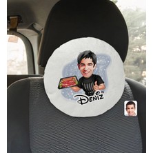 BK Gift Kişiye Özel Isimli Erkek Kasap Karikatürlü Yuvarlak Araç Koltuk Yastığı-2