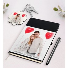 BK Gift Kişiye Özel Fotoğraflı Mesajlı Siyah Defter Kalem ve Anahtarlık Hediye Seti