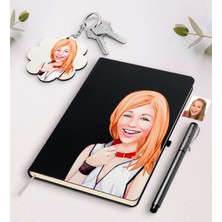 BK Gift Kişiye Özel Bayan Karikatürlü Siyah Defter Kalem ve Anahtarlık Hediye Seti-35