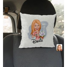 BK Gift Kişiye Özel Isimli Ev Hanımı Karikatürlü Kare Araç Koltuk Yastığı-2