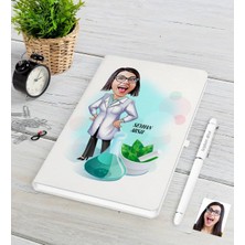BK Gift Kişiye Özel Bayan Eczacı Karikatürlü Beyaz Defter Kalem Seti-1