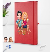 BK Gift Kişiye Özel Sevgililer Karikatürlü Karikatürlü Kırmızı Termo Deri Defter 16X24CM Model 51