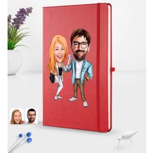 BK Gift Kişiye Özel Sevgililer Karikatürlü Karikatürlü Kırmızı Termo Deri Defter 16X24CM Model 93