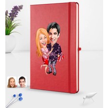 BK Gift Kişiye Özel Sevgililer Karikatürlü Karikatürlü Kırmızı Termo Deri Defter 16X24CM Model 2