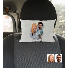 BK Gift Kişiye Özel Sevgililer Karikatürlü Dikdörtgen Araç Koltuk Yastığı-93