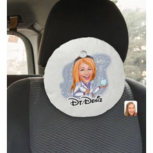 BK Gift Kişiye Özel Isimli Kadın Diş Hekimi Karikatürlü Yuvarlak Araç Koltuk Yastığı-1