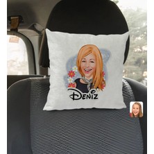 BK Gift Kişiye Özel Isimli Kadın Karikatürlü Kare Araç Koltuk Yastığı-1