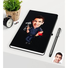 BK Gift Kişiye Özel Bay Polis Karikatürlü Siyah Defter Kalem Seti - 2