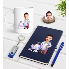 BK Gift Kişiye Özel Erkek Eczacı Karikatürlü Lacivert Defter Kalem Kupa 32GB USB Bellek Hediye Seti-3