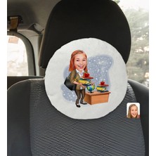 BK Gift Kişiye Özel Kadın Öğretmen Karikatürlü Yuvarlak Araç Koltuk Yastığı-4
