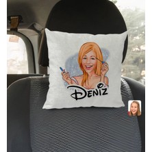 BK Gift Kişiye Özel Isimli Kadın Karikatürlü Kare Araç Koltuk Yastığı-21