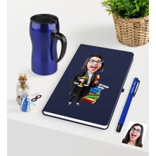 BK Gift Kişiye Özel Bayan Avukat Karikatürlü Lacivert Defter Kalem ve Termos Mug Seti - 2