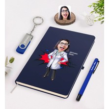BK Gift Kişiye Özel Kadın Doktor Karikatürlü Lacivert Defter Kalem 32GB USB Bellek Hediye Seti-1