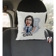 BK Gift Kişiye Özel Isimli Kadın Polis Karikatürlü Kare Araç Koltuk Yastığı-1