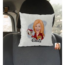 BK Gift Kişiye Özel Isimli Kadın Emlakçı Karikatürlü Kare Araç Koltuk Yastığı-2