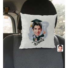 BK Gift Kişiye Özel Isimli Erkek Mezun Karikatürlü Kare Araç Koltuk Yastığı-1