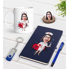 BK Gift Kişiye Özel Hemşire Karikatürlü Lacivert Defter Kalem Kupa 32GB USB Bellek Hediye Seti-1
