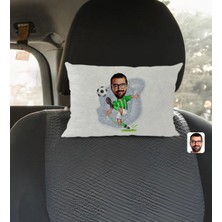 BK Gift Kişiye Özel Yeşil Beyaz Futbolcu Karikatürlü Dikdörtgen Araç Koltuk Yastığı-1