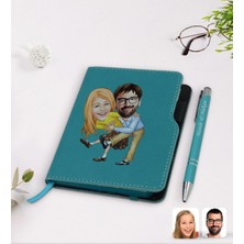 BK Gift Kişiye Özel Sevgililer Karikatürlü Turkuaz Termo Deri Defter Kalem SETI-102