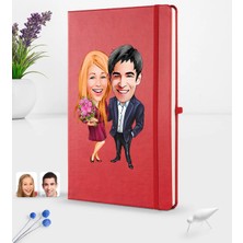 BK Gift Kişiye Özel Sevgililer Karikatürlü Karikatürlü Kırmızı Termo Deri Defter 16X24CM Model 94