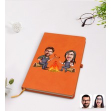 BK Gift Kişiye Özel Sevgililer Karikatürlü Turuncu Termo Deri Defter Model 95